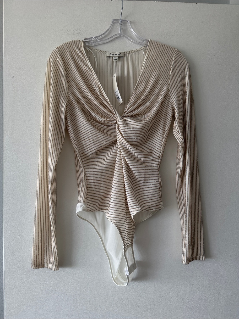 Francesca’s Metallic Gold Striped Twist Front Plunge Bodysuit Medium Ivory NWT